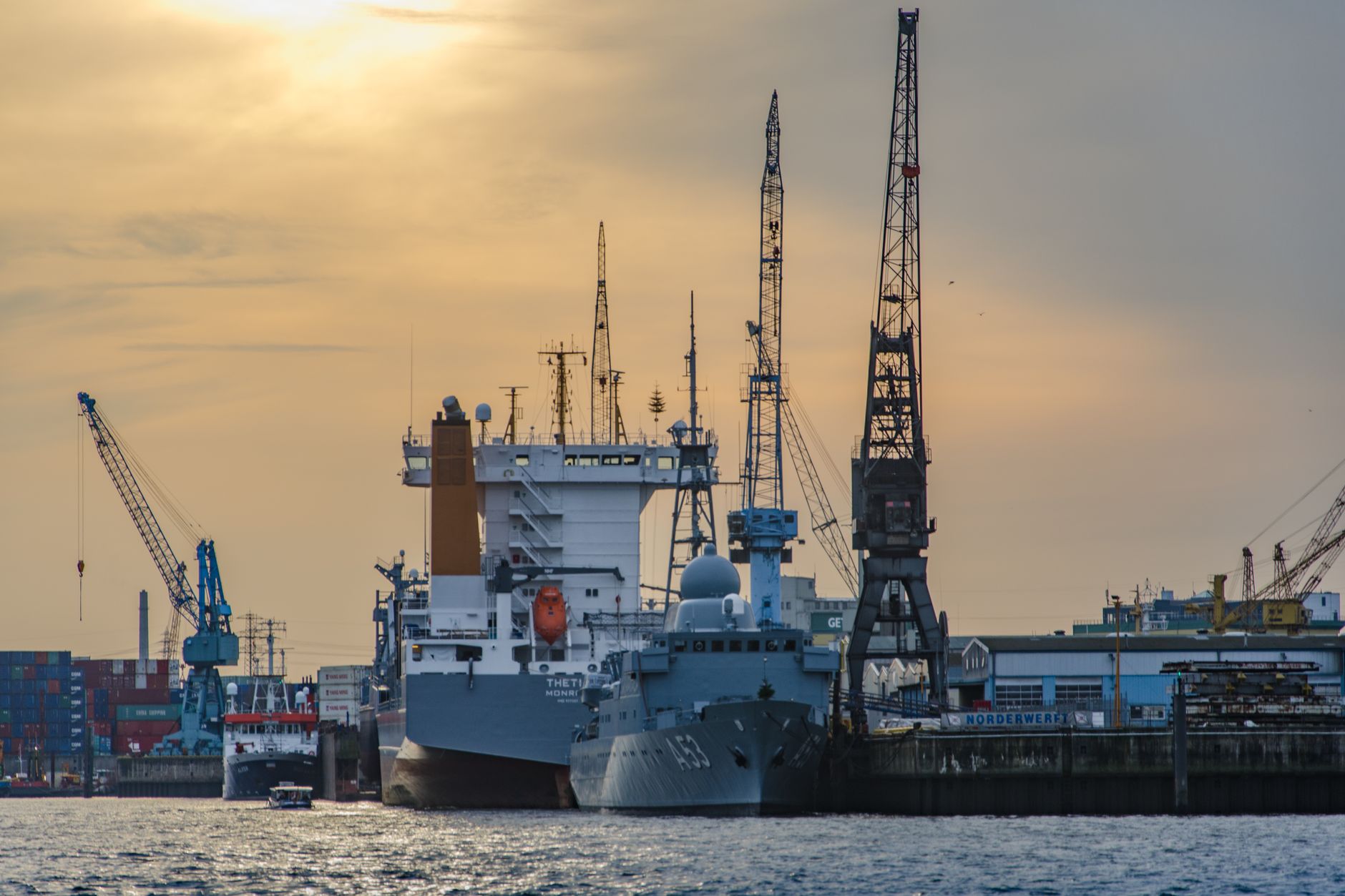Shipyard cranes at a commercial port